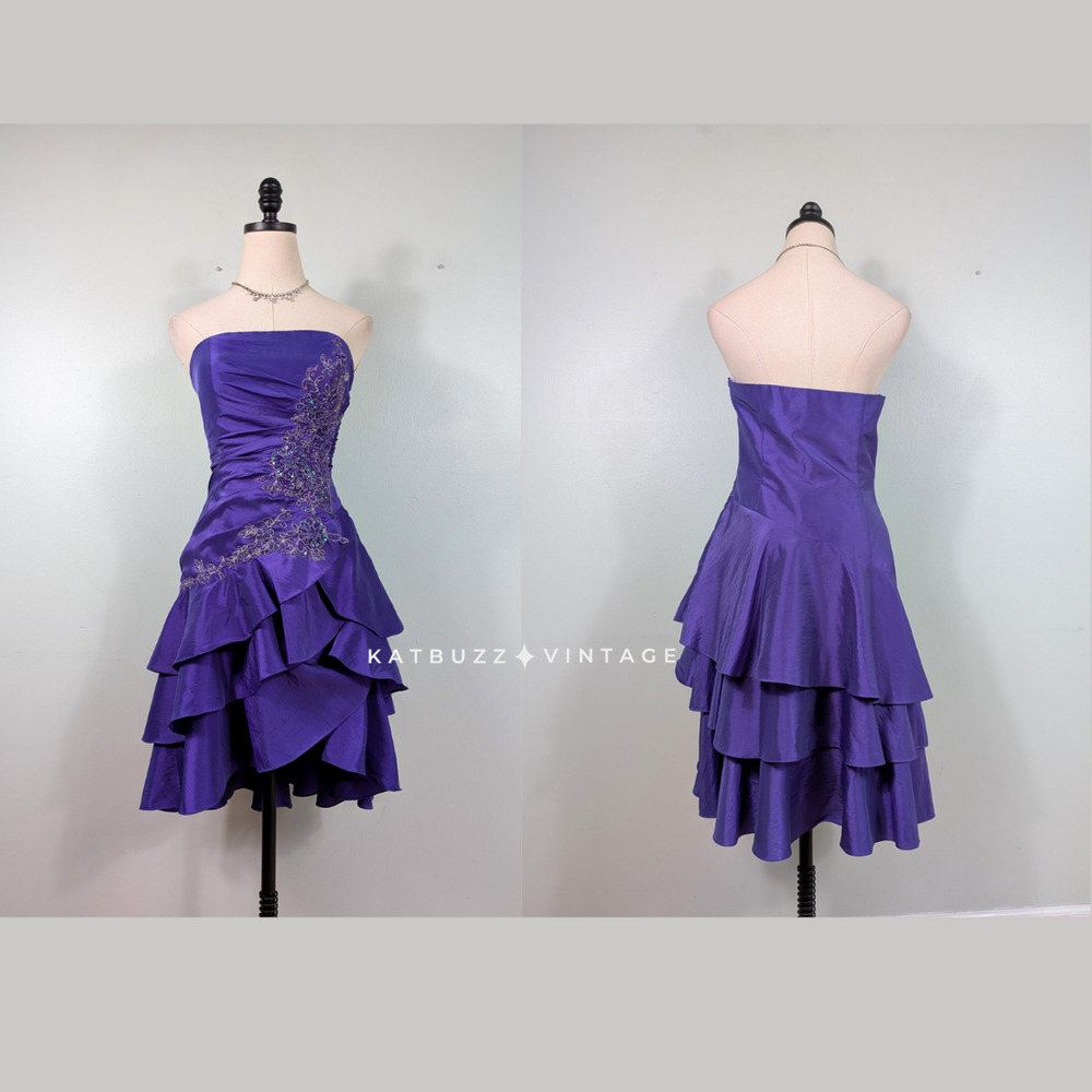 Vintage Prom Dress Mini Midi Gown M Purple Y2K Strapless Floral Bead Ruffle Glam